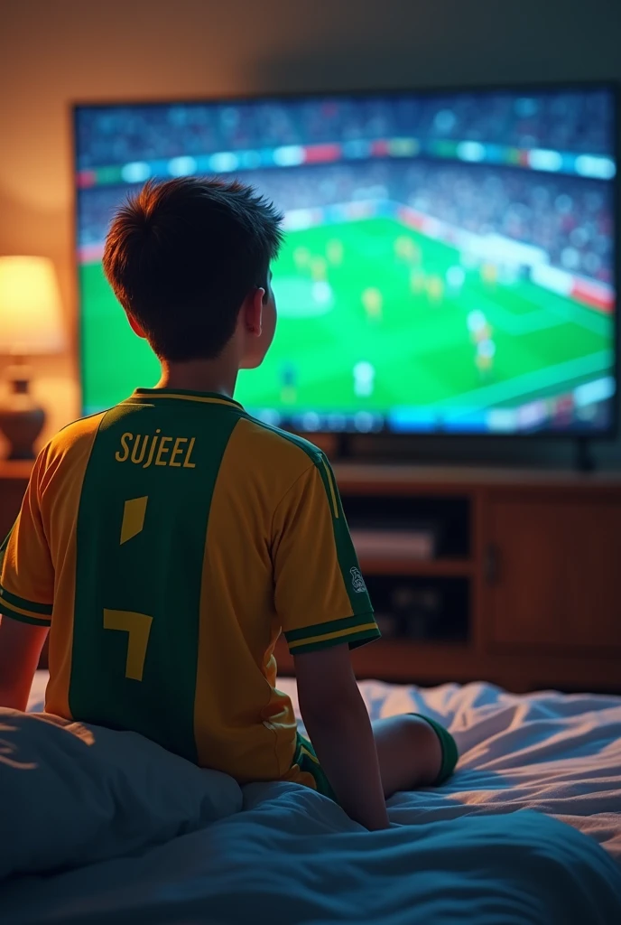 teenage boy setting in the room watching football match of the alnassar on tv . wearing the jersey of alnassar with name SUJEEL written on it.