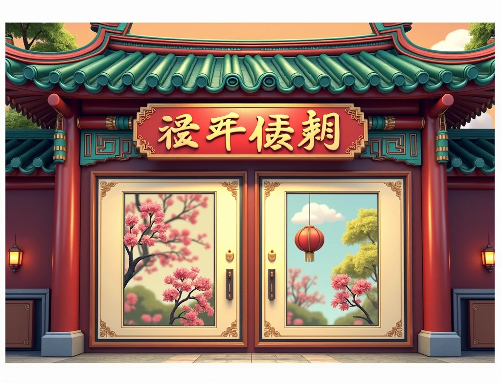 Roof of Chinese building,eaves,Green tiles,Green Chinese palace architecture,Cartoon Rendering,3D animation effects,Bright colors