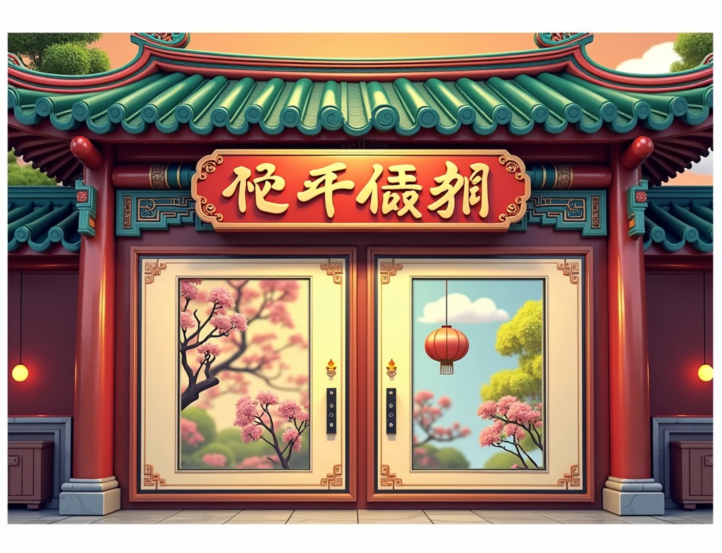 Roof of Chinese building，eaves，Green tiles，Green Chinese palace architecture，Cartoon Rendering，3D animation effects，Bright colors