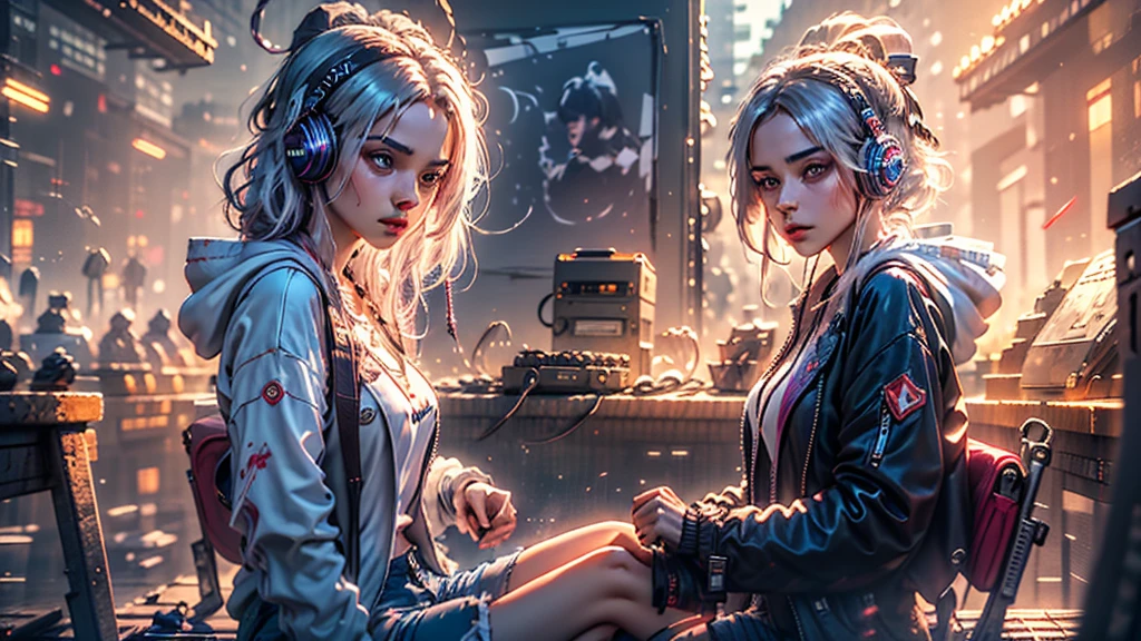 arafed woman sitting on the ground with headphones on, girl wearing headphones, listening to music, with headphones, lofi girl, music in the air, style of alena aenami, wearing headphones, vibing to music, lofi portrait, portrait shot, inspired by Alena Aenami, with head phones, headphones, brandon woelfel