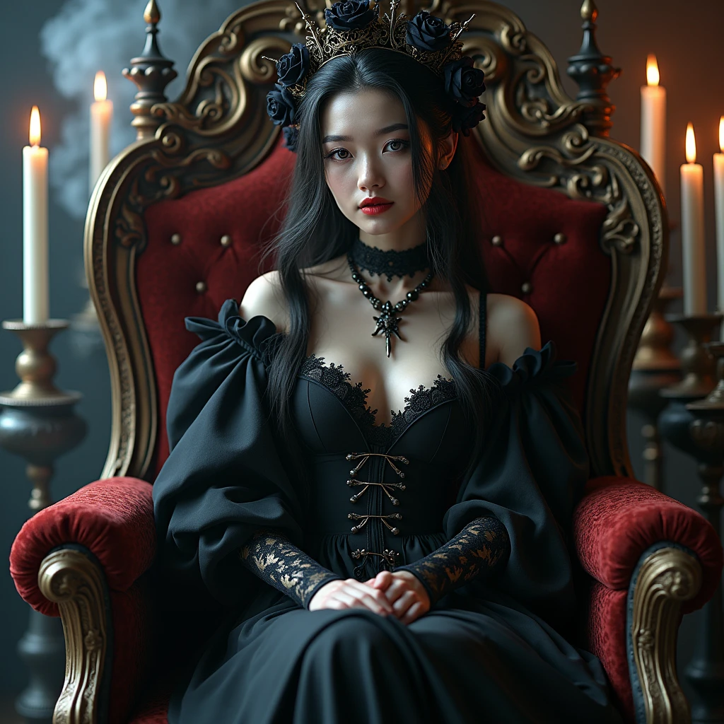 Gothic woman sitting on a throne with a candle and some candelabras, Sitting on a complicated throne, Sitting on the throne, sitting on her throne, Sitting on an ornate throne, 足を組んでSitting on the throne, Beautiful Vampire Queen, on her throne, Sitting on the throne, 金属製のSitting on the throne, Sitting on the throne, Dark Goth Queen, Queen of Goth, Stylish Dark Witch、Too cute girl, Cute Japanese Girl, Girl images, A ite girl with a curvaceous figure, Realな, Babapanese beautiful girl, (Photorealistic photography: 1. 4), Shot with Canon 5D MK4, Shot with Canon EOS 5D Mark IV, Shot with Canon EOA 6D Mark II, Her face and skin texture are incredibly detailed, Narrow eyes, double eyelid, (8k, Highest quality, masterpiece: 1.2), ( Real, フォトReal: 1.37), Super Detail, Incense is burning and the smoke is coming out.