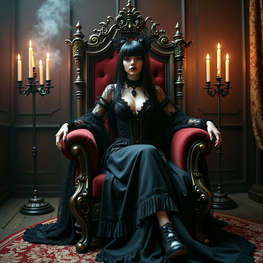 Gothic woman sitting on a throne with a candle and some candelabras, Sitting on a complicated throne, Sitting on the throne, sitting on her throne, Sitting on an ornate throne, 足を組んでSitting on the throne, Beautiful Vampire Queen, on her throne, Sitting on the throne, 金属製のSitting on the throne, Sitting on the throne, Dark Goth Queen, Queen of Goth, Stylish Dark Witch、Too cute girl, Cute Japanese Girl, Girl images, A petite girl with a curvaceous figure, Realな, Baby Face, Japanese beautiful girl, (Photorealistic photography: 1. 4), Shot with Canon 5D MK4, Shot with Canon EOS 5D Mark IV, Shot with Canon EOA 6D Mark II, Her face and skin texture are incredibly detailed, Narrow eyes, double eyelid, (8k, Highest quality, masterpiece: 1.2), ( Real, フォトReal: 1.37), Super Detail, Incense is burning and the smoke is coming out.