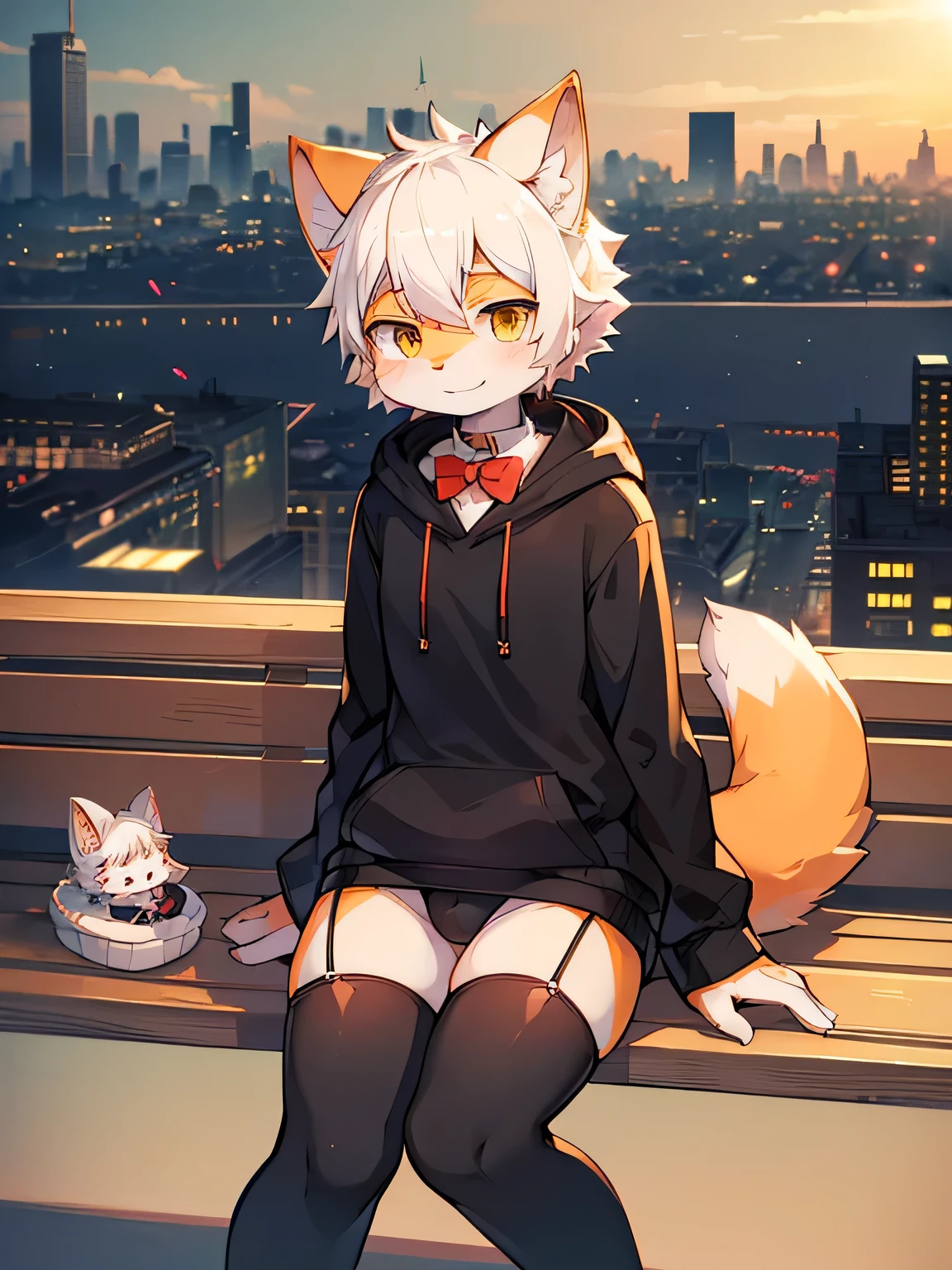 high quality, high detail, ((solo, cat, kemono, femboy, white hair, orange fur body, yellow eyes, wear red bow tie on neck, wear pure black hoodie, wear black boxer, wear black tight stockings, cat tail)), look at camera, blushes, smile, sitting on bench, (city background, daytime, village, solarpunk, solar panels city), by dagasi