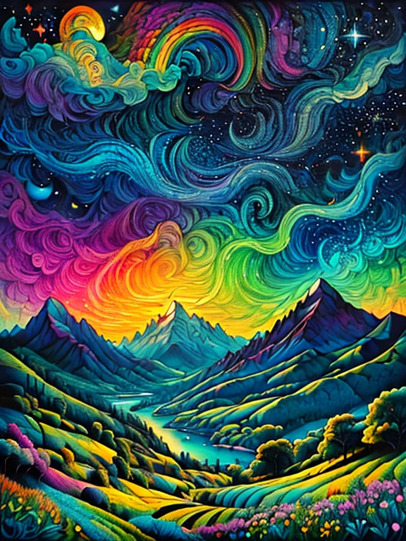 Masterpiece, best composition, dynamic composition, colorful landscape painting, dragon with rainbow and clouds, dragon flying among clouds, psychedelic landscape, vivid oil painting, vivid abstract landscape, color field painting. 8K, stunning colorful landscape, detailed impasto, colorful oil painting, colorful sky, large colorful image.