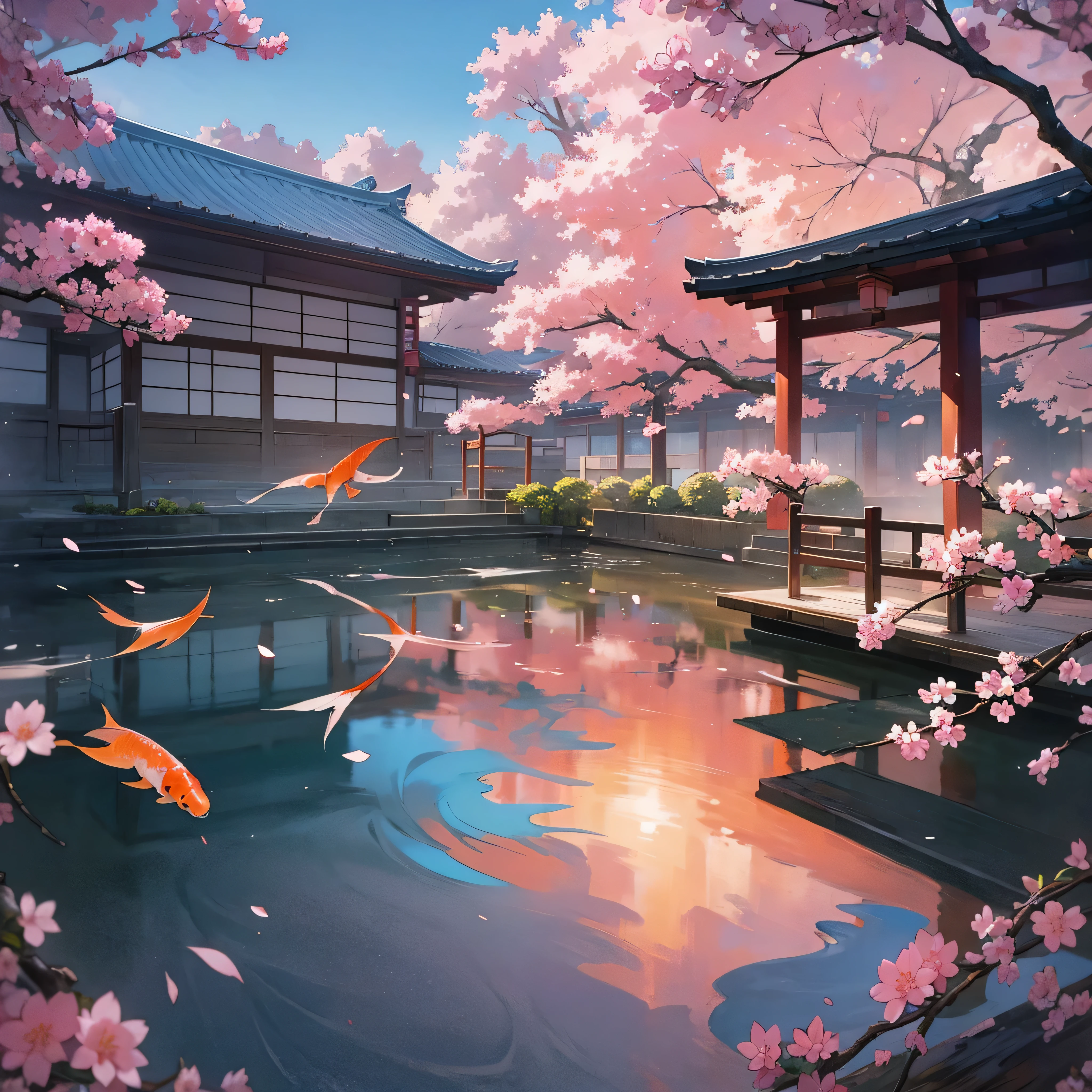 
"Generate a breathtaking anime-style background featuring a serene cherry blossom garden at sunset, with delicate pink petals gently falling onto a tranquil koi pond, surrounded by traditional Japanese architecture and lush greenery, all under a warm, soft pink sky with a few wispy clouds."