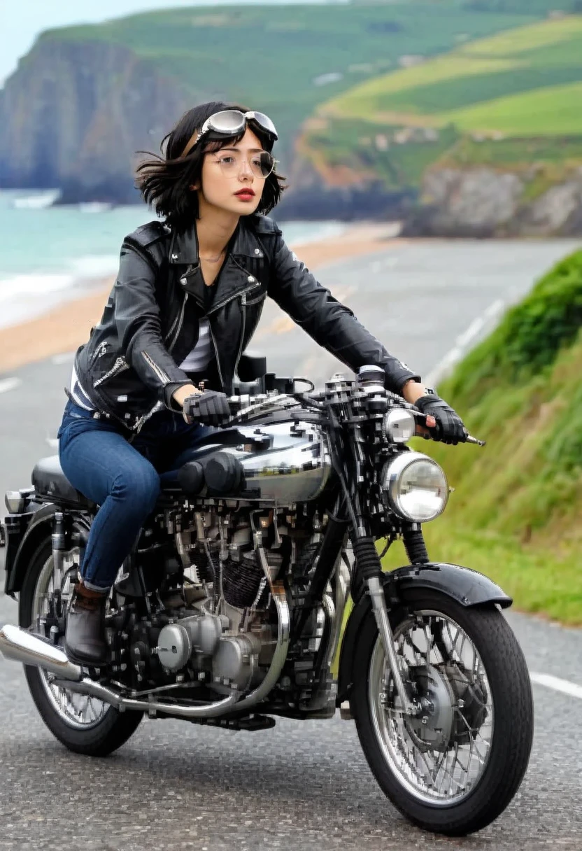 (クラシックRiding on motorcycle )、(Vintage Bikes、Bluff Superior SS100)、 (Riding on motorcycle:1.2), Beautiful young woman、1、Beautiful Face, Beautiful and delicate eyes, Black Hair, Short Bob Hair,  Classic Leather Jacket、Goggles on the head、After the Rain、English countryside、 Coastal road with ocean view、Detailed Description、(Highest quality, masterpiece, High resolution)、8k、wallpaper
