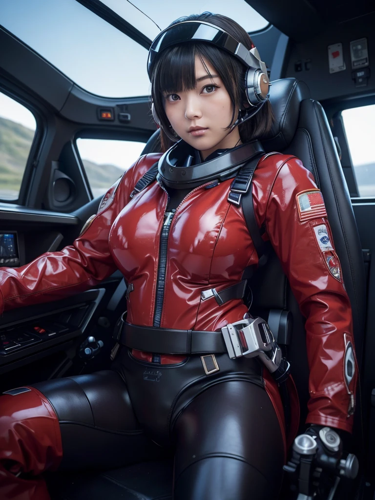 masterpiece, Highest quality, Very detailed, Japanese Android girl, Beautiful 2 Japanese woman, Plump,Big Breasts,Control panel,Android,cyborg,Blunt bangs,Sitting in the cockpit and piloting,The control stick is in the center of the seat.,Red pilot suit,Secured to the seat with a harness,Full-face helmet,