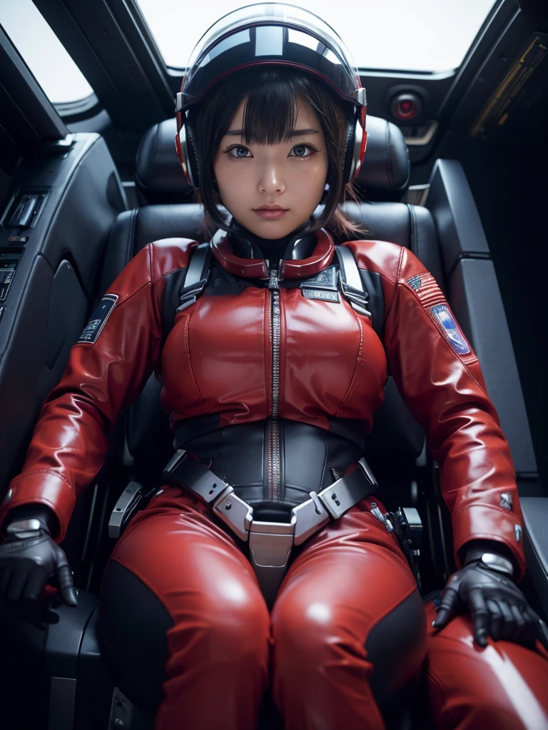 masterpiece, Highest quality, Very detailed, Japanese Android girl, Beautiful 2 Japanese woman, Plump,Big Breasts,Control panel,Android,cyborg,Blunt bangs,Sitting in the cockpit and piloting,The control stick is in the center of the seat.,Red pilot suit,Secured to the seat with a harness,Full-face helmet,