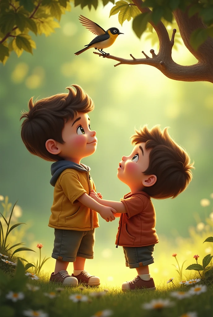 Brother's is standing on his toes, trying to touch the bird on the tree branch. Tamma is holding Anna's arm, gently stopping him, with a concerned expression on his face. The bird looks a bit startled, its wings slightly open as if ready to fly away.