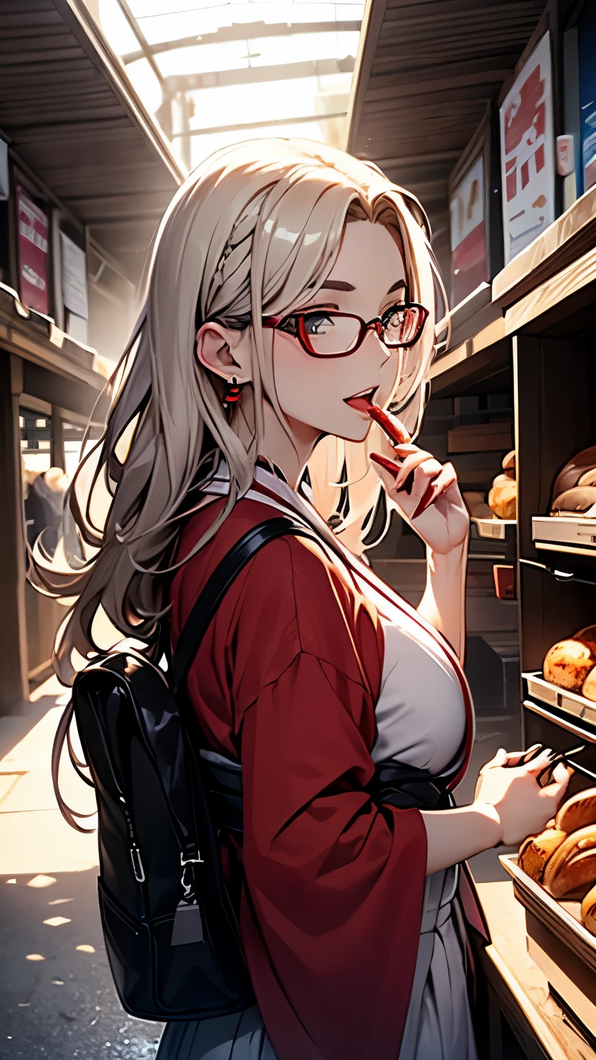 (One person:1.3), masterpiece, Highest quality, Great beauty, [[3d]], 4K, Absurd, In detail, Highly detailed eyes, Perfect Anatomy, Official Art, Cinema Lighting, break, island, Silky long hair, Long braids, Gray Hair, Very shiny, fine blue eyes, Big eyes, Cute eyes, Thick eyebrows, Look up, Open your mouth, Fuller lips, Straight teeth, Rouge, False eyelashes, Red lips, Red round cell frame glasses, Earrings, Excited face, break , Big Breasts, expensive, Moderate, Glowing Skin, Gnawing bread, From behind, break ,kimono, break,skirt,Tucked up