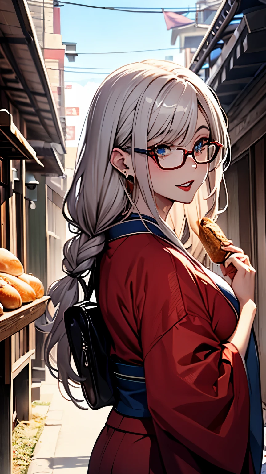 (One person:1.3), masterpiece, Highest quality, Great beauty, [[3d]], 4K, Absurd, In detail, Highly detailed eyes, Perfect Anatomy, Official Art, Cinema Lighting, break, island, Silky long hair, Long braids, Gray Hair, Very shiny, fine blue eyes, Big eyes, Cute eyes, Thick eyebrows, Look up, Open your mouth, Fuller lips, Straight teeth, Rouge, False eyelashes, Red lips, Red round cell frame glasses, Earrings, Excited face, break , Big Breasts, expensive, Moderate, Glowing Skin, Gnawing bread, From behind, break ,kimono, break,skirt,Tucked up