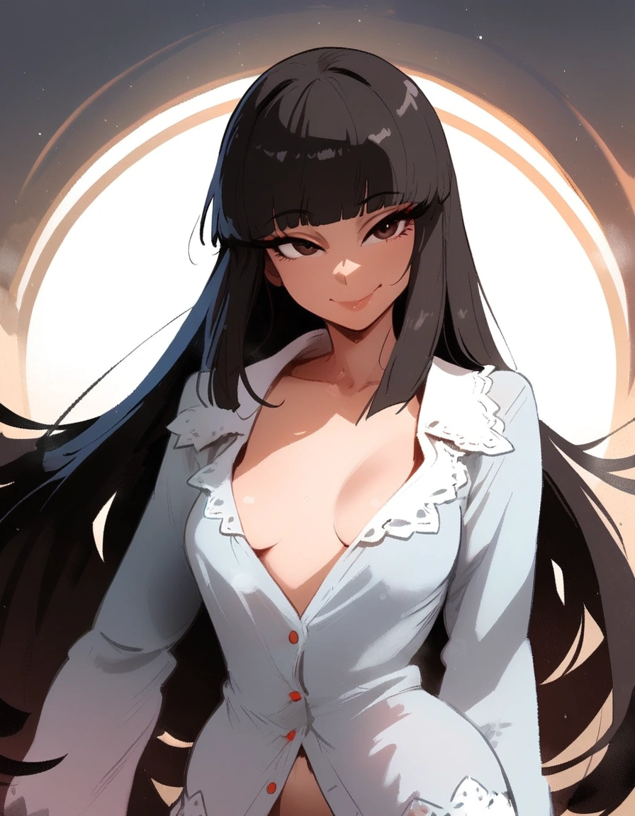 1girl, houraisan kaguya, touhou
\\\\\ masterpiece, best quality, newest, black hair, , ///// by nyantcha, , by khyle, cutesexyrobutts \\\\\ small breasts,, thin waist, highres, absurdes. looking at viewer, solo, naughty face, pajamas, unbuttoned, , solo,, dark brown eyes, hime cut, grey background