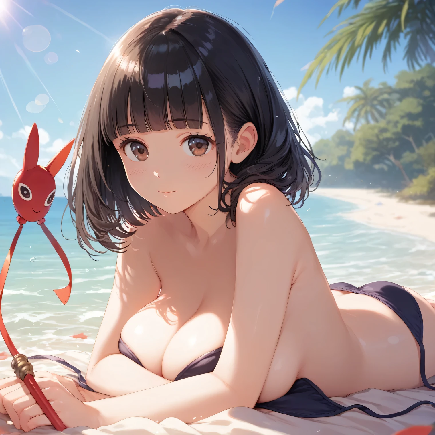 score_9,score_8_superior,score_7_superior,masterpiece,Highest quality, Source Anime, Realistic, ssuperiorer detailed, Very detailed, evaluation_Safety,
One girl, Prone, Untied bikini, superiorから,
Break Girl, 2, short hair, Bobcut, (Blunt bangs), Black Hair, (puppet, fine cute brown eyes), Curled eyelashes, (Large Breasts:0.9),
Shiny Hair, Beautiful attention to detail, Beautiful Face,
blush, (close your eyes:1.2), Outdoor, Beach, sunlight