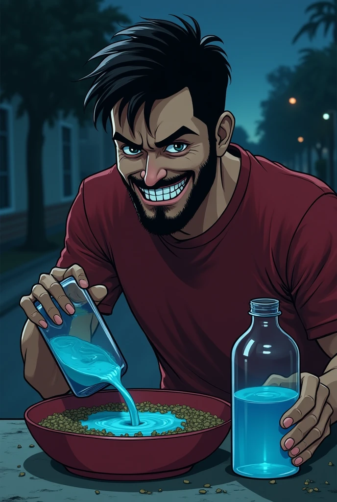 a young man with small french beard in red tshirt mixed blue color poison from bottle in a bowl of brown color cat food in night on the road side with an evil laugh on his face ai image