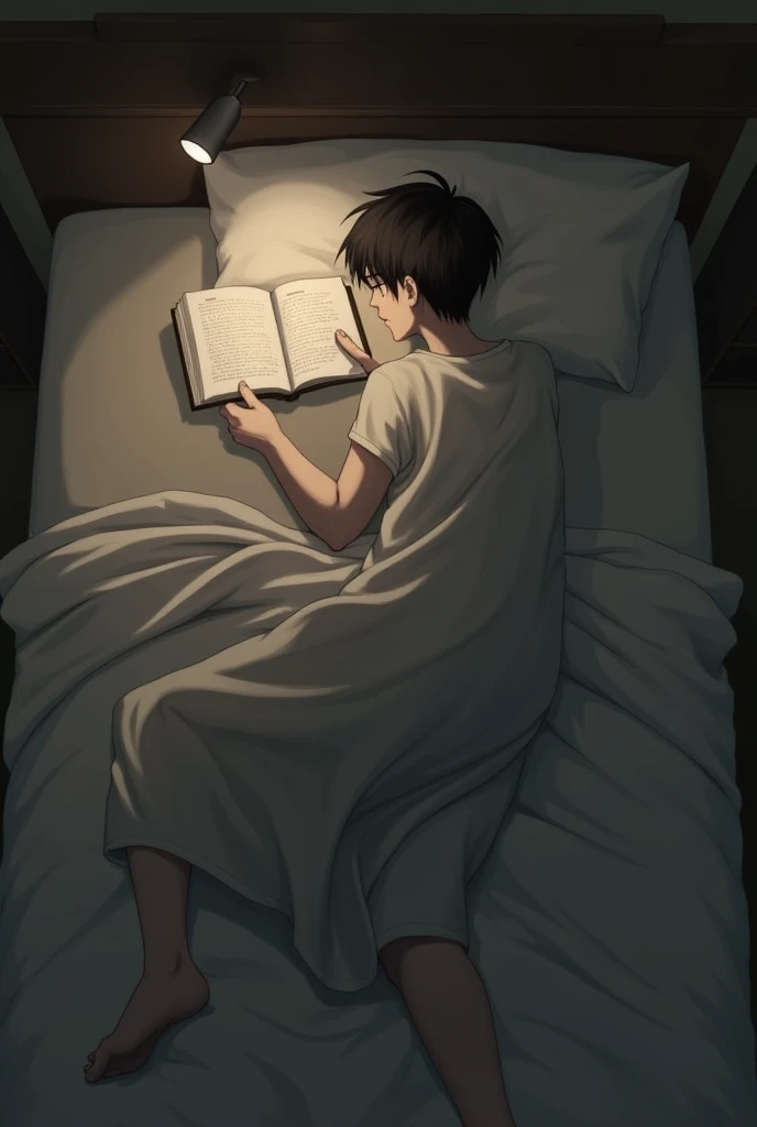 view from above, character lying in bed reading a book with his stomach down and his back up,
