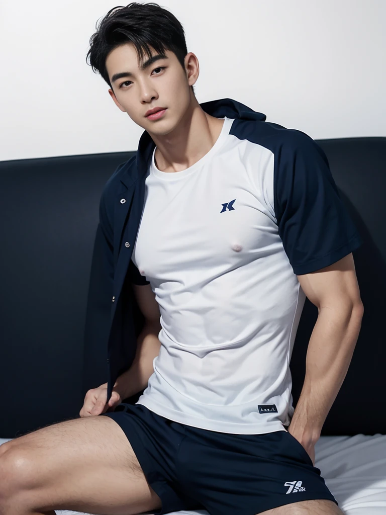 1 Handsome  naked Japanese guy ，Sexy pose, A 20 year-old man wearing a Bare chest shirt and Excellent shorts stands against a white background, navy Blue, navy Blue, Sports T-shirt, Blue, Excellent Sportswear, Gorgeous and sexy clothes, Sportswear, Short sleeve, Jinjinshen Blue clothes, Tall young man, Tennis suits, Wearing Sportswear, dark Blue decorative clothing，male，Bare chest,Full chest muscles，Swelling of chest muscles，Six-pack，Hips， Handsome，High，Muscles look good，hairy body，Sexy expression, Wheat complexion，black eyes（thin eyes 1：3），Full body image, Excellent, perfect dick shape, Perfect hand details,Detailed you, , Mostly juicy ass, The opening of your legs