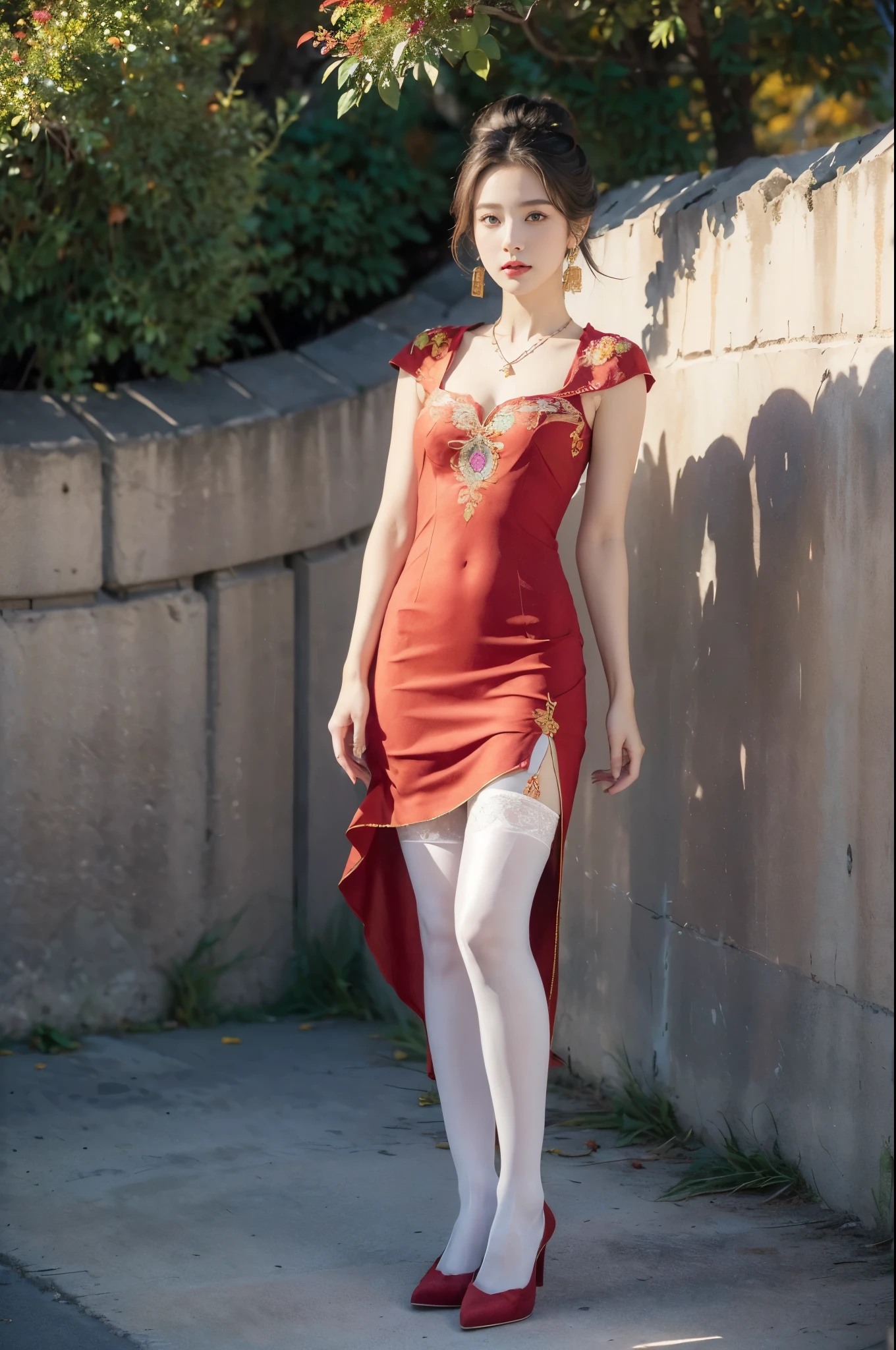(((best quality))), (((ultra detailed))), (((masterpiece))), illustration,((1 beautiful girl,solo)),(on the Great Wall:1.3),(neat bun:1.2),((earrings,necklace)),((slim,thin)),((small breasts,flat chest)),((October, sunny, autumn,bright sunshine)), magnificent mountains,(maxi gorgeous Exquisite embroideried red dress:1.3),(stockings:1.3),(slender legs:1.2),(high heels:1.2),(standing:1.3),(arms behind back:1.3),gracefully,(detailed bright eyes:1.3),(fair skin:1.3), radiant,sparkling, vibrant colors,(colorful flowers:1.3), elegance, strength, perseverance, majestic, awe-inspiring, fluffy white clouds,((from front,full body))