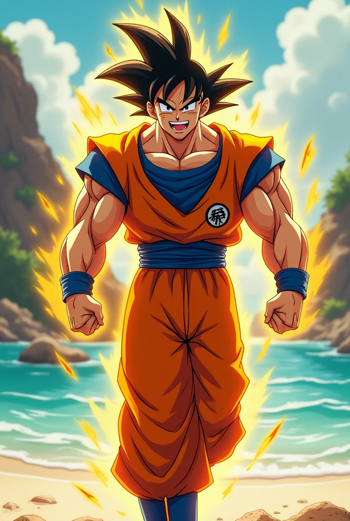 Goku in HD exaggeratedly muscular, of sunshine and a radiant smile, while heading to intensive training at the training area of his home planet, Planet Vegeta, wearing his iconic orange clothing and his scar on his left cheek, with a golden aura around her body and a background of turquoise waters and white sand