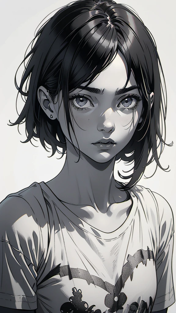 1 boyish girl, solo, sharp eyes, expressionless, monochrome, greyscale, short black hair, portrait, white T-shirt, closed mouth, looking at viewer, graphite \(medium\), detailed lips, hatching \(texture\), without makeup, bangs, upper body, (best illustration), (best quality), (very detailed), (masterpiece), expressionless,