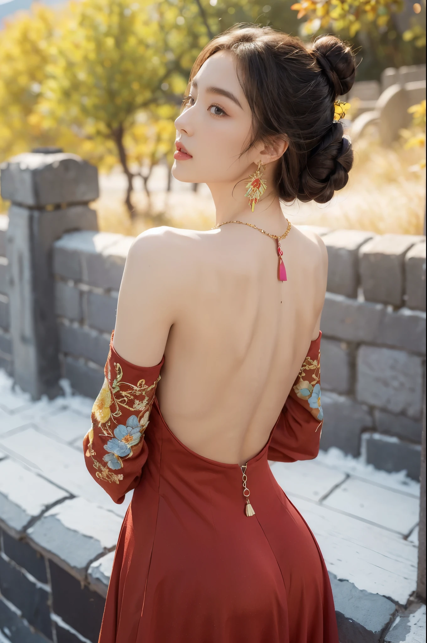 (((best quality))), (((ultra detailed))), (((masterpiece))), illustration,((1 beautiful girl,solo)),(on the Great Wall:1.3),(neat bun:1.2),((earrings,necklace)),((slim,thin)),((bare back,towering hips,butt crack)),((October, sunny, autumn,bright sunshine)), magnificent mountains,(maxi gorgeous Exquisite embroideried red dress:1.3),(stockings:1.3),(standing:1.3),gracefully,(detailed bright eyes:1.3),(fair skin:1.3), radiant,sparkling, vibrant colors,(colorful flowers:1.3), elegance, strength, perseverance, majestic, awe-inspiring, fluffy white clouds,((from back,upper body))