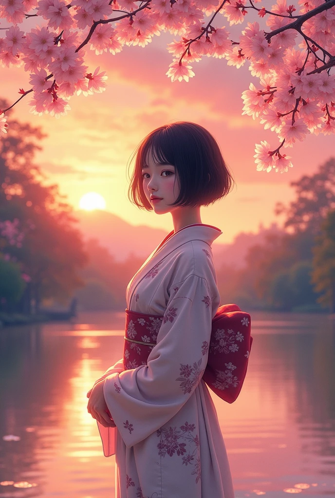 asian woman with short hair, wearing kimodo, sakura flowers, at sunset.