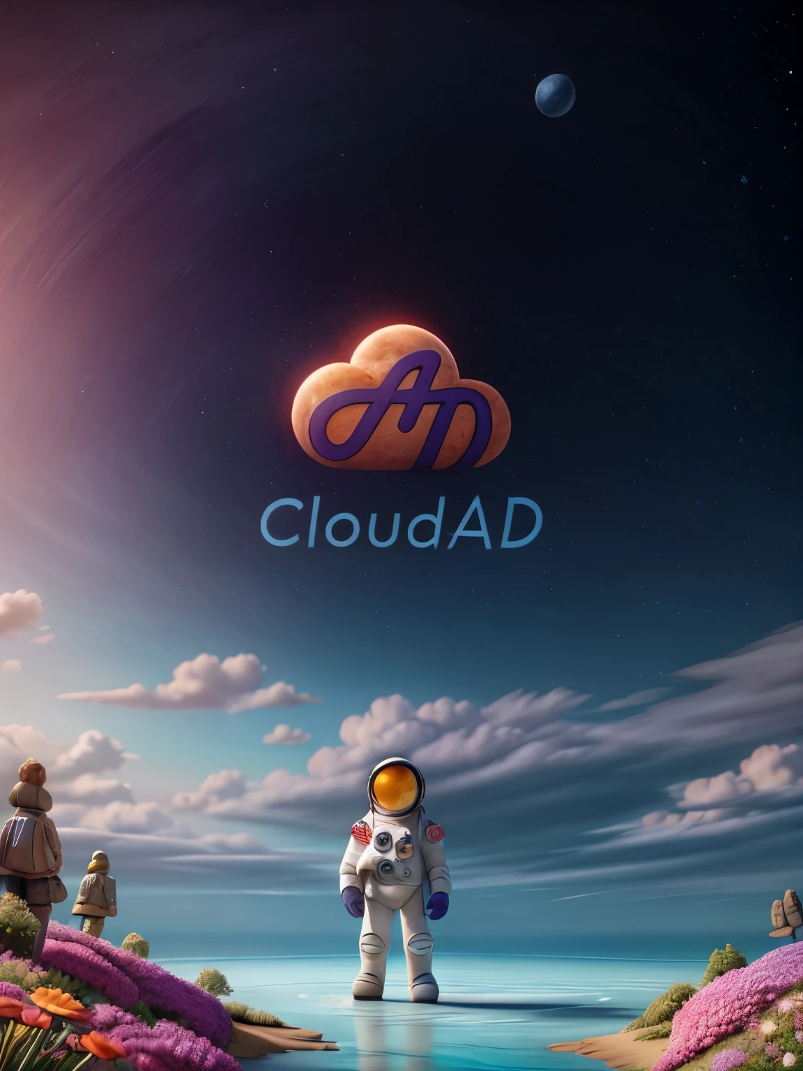 A dreamy, fantasy art scene featuring an astronaut standing on the moon, surrounded by a colorful sea of flowers. The "CloudAD” message is written in the sky. 8k, Pixar, masterpiece, wonderland with a vivid and imaginative atmosphere. 