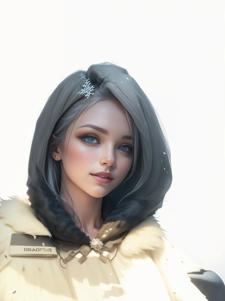 survivalist beautiful girl, in a snowy landscape, intense gaze, parted lips, wearing a fur cloak, beautiful girl, masterpiece, detailed, 4k, anatomically correct, snowflake, white hair, smile, long hair, shiny hair, shiny eyes, expressive hair, bloom, sunset, bloom, ray tracing, blue eyes