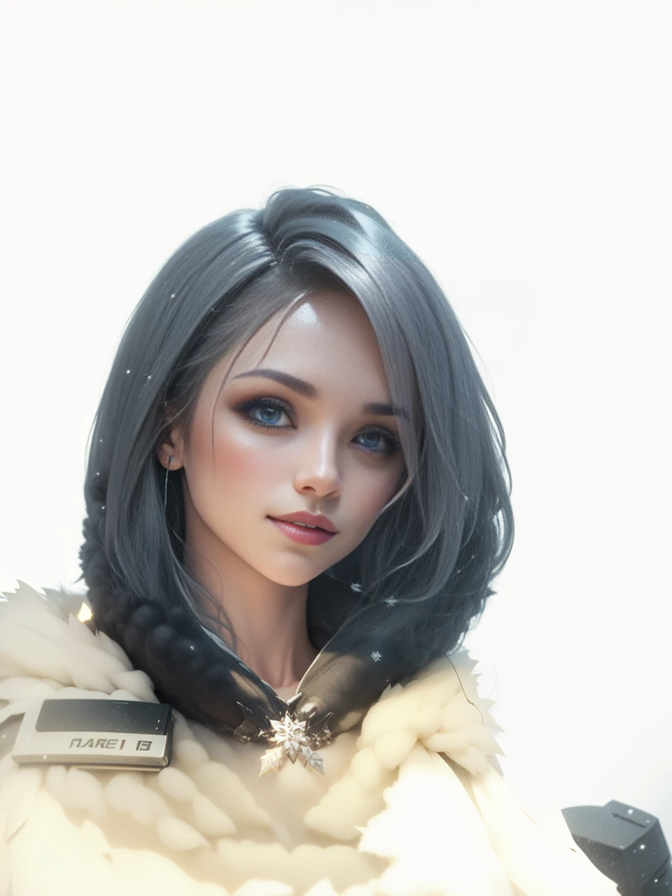 survivalist beautiful girl, in a snowy landscape, intense gaze, parted lips, wearing a fur cloak, beautiful girl, masterpiece, detailed, 4k, anatomically correct, snowflake, white hair, smile, long hair, shiny hair, shiny eyes, expressive hair, bloom, sunset, bloom, ray tracing, blue eyes