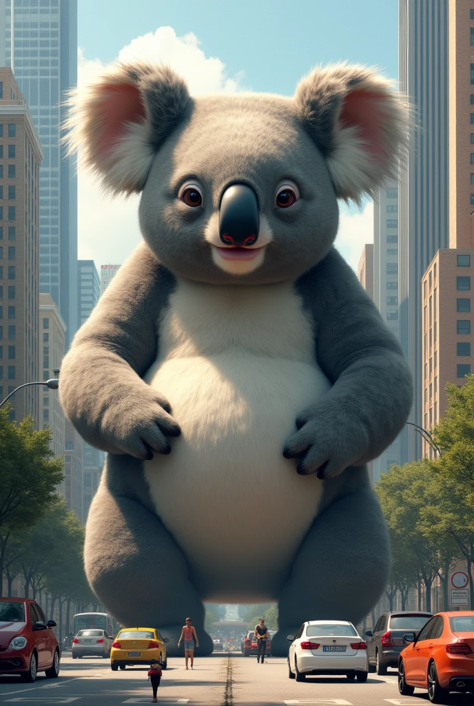 a scene of a massive, oversized koala casually sitting in the middle of a bustling city street. The giant koala's fur is detailed and its expression is calm and serene, while cars and people look tiny in comparison, emphasizing the enormity of the creature. Buildings and street signs should be dwarfed by the koala’s presence, adding to the sense of scale and wonder