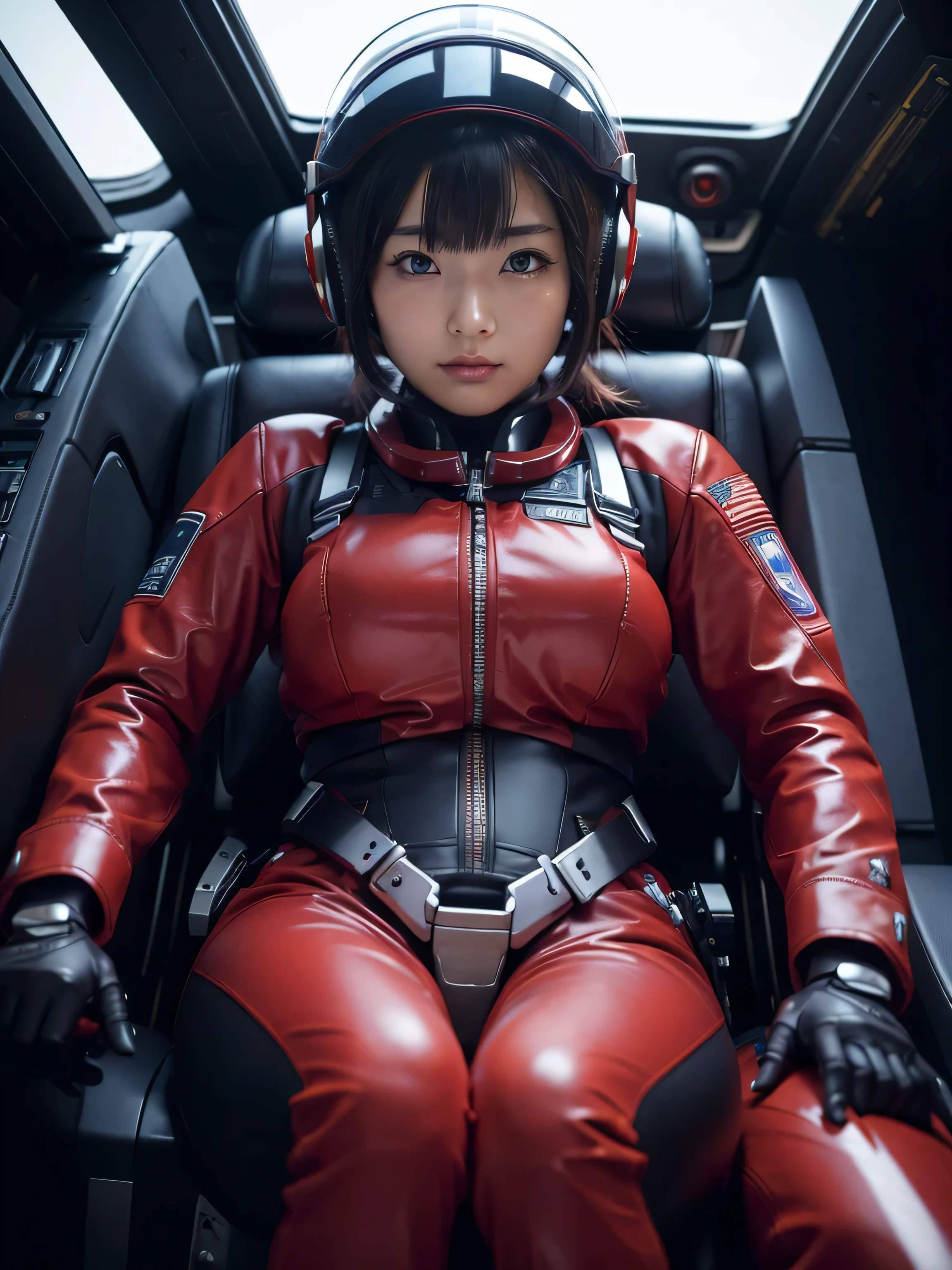 masterpiece, Highest quality, Very detailed, Japanese Android girl, Beautiful 2 Japanese woman, Plump,Big Breasts,Control panel,Android,cyborg,Blunt bangs,Sitting in the cockpit and piloting,The control stick is in the center of the seat.,Red pilot suit,Secured to the seat with a harness,Full-face helmet,