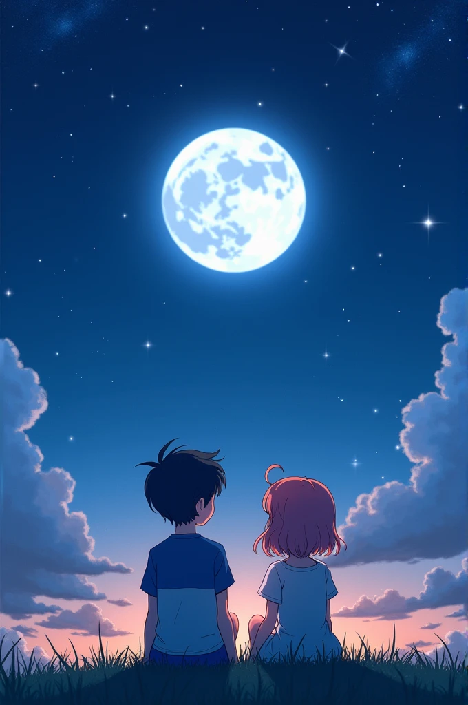 Aa boy anmie and aa girl anmie sitting in the night with aa stars and ful moon with withe colour