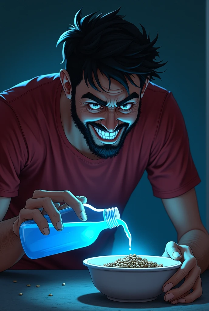 a young man with small french beard in red tshirt mixed blue color poison from bottle in a bowl of brown color cat food in night on the road side with an evil laugh on his face ai image