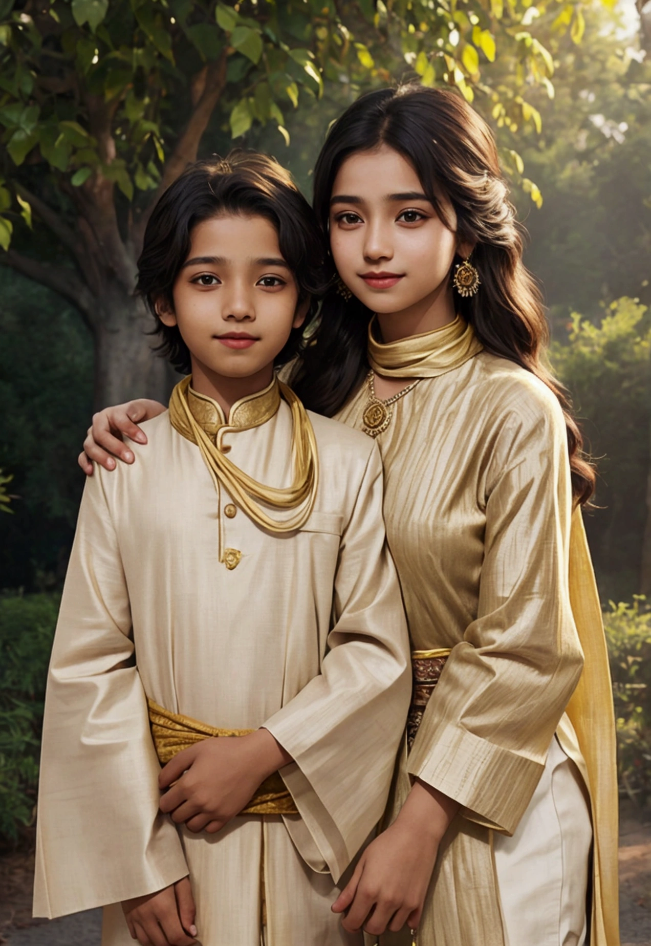 A young boy and girl, dressed in traditional Indian attire, stand close together in a warm, golden light. The boy has a gentle smile, his hand resting on the girl's cheek, while she looks at the camera with a hint of sadness.  They are both wearing soft, earthy tones, creating a sense of intimacy and quiet contemplation. The background is blurred, focusing attention on the children.Imagine The image is a portrait of two young children, a boy and a girl, standing close together and smiling at the camera. The boy is on the left side of the image, wearing a beige kurta with a striped scarf around his neck. He has dark hair and is looking directly at the viewer with a slight smile on his face. The girl on the right side is wearing a traditional Indian outfit with a brown dupatta draped over her shoulders. She has long dark hair that is styled in loose waves. He is covering her face with his hand. The background is blurred, but it appears to be an outdoor setting with trees and greenery. The lighting is soft and warm, creating a peaceful and serene atmosphere.

[Real picure, Realistic Portraiture], [Reference: DSLR Picture] , [Lighting: Warm, golden light, soft shadows, shallow depth of field, 50mm lens, natural texture of fabric, slightly desaturated colors, warm color palette]