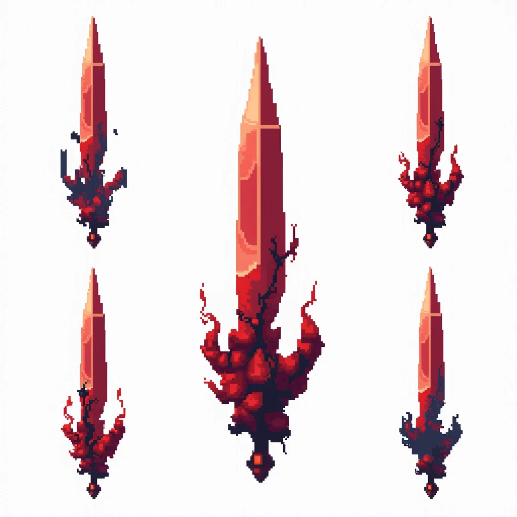 A sword projectile in the style of a pixel drawing, made from a solid blood crystal in which vessels of black void are present