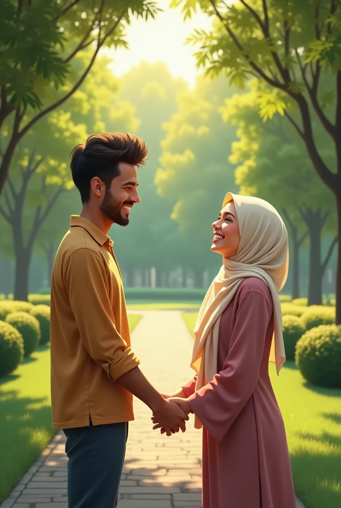 /imagine prompt : A tanned man with short hair without a mustache and beard holding hands with a beautiful white woman wearing a hijab. They laughed happily in the park