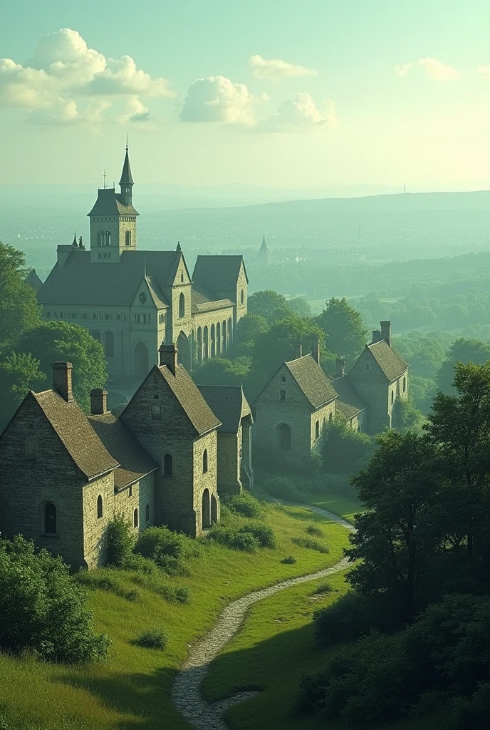 front view of a horizon with European vegetation and stone houses typical of medieval England. Houses need to be in a very distant view, but the details need to be slightly sharp. Some houses are a little destroyed, others very well preserved. In the middle of the houses I would like a medieval temple in the Romanesque style.. Colors need to be cool, with a predominance of green. The houses need to be very well distributed in the image, without being a cluster of houses. The view of the horizon is frontal, but the perspective of the houses and architectures need to be in the side view. The houses are small, They can't look like a castle and be too close together, they need to look like small houses of humble peasants. Further into the houses, needs to have a silhouette of a very distant city, only with details that show that there is a city kilometers away