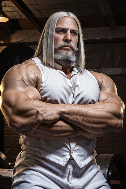 Wild muscle man, (80 year old dad:1.1), Chico 1, alone, long white Hair (Black dress shirt), (Big shoulders), Muscle tissue, Nargon, Stubble, thick Beard, Sharp Eye:1.3), (Detailed face:1.3), Wearing glasses, smile, Dynamic Angle, Volumetric lighting, (Highest quality, (long white hair), thick bushy eyebrows, High resolution, Realistic), Cinema Lighting, masterpiece, Raw photo, Intricate details, High resolution, whole body, Tight jeans ,Cross your arms, Huge pectoral muscles、Giant Arms、glare、darkness,Darkness,Angry, anger vein, sweating, evil、Intimidating、Overbearing,  absurdly huge nose, hawk nose, big old man nose, convex nose, pronounced bridge and outward curve that protrudes from the base of the nose, , sharp well groomed beard,  well groomed moustache,  thick pronounced white beard, grizzly hair, olive skin, strong jaw, (black skin)