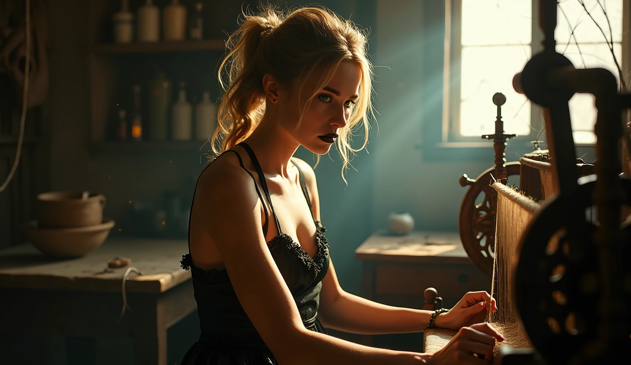 An old workshop. dim autumn light breaks through a small window, a girl sits behind a spinning loom and spins, dressed in beautiful black lace underwear and a full body apron, exposed parts of the body are visible, juicy sexy elastic buttocks are visible, slightly tanned skin, the face is serious and focused on work, looks at the yarn, over the shoulder view, blond hair twisted into a ponytail, messy hair, Soft Light, dust particles are visible in the air, Cinematic lighting, bright green eyes, highly detailed skin, highly detailed face, detailed hands, detailed eyes, big thin very detailed lips, black lipstick on the lips, black eye makeup, focused on work, very detailed image, Realism