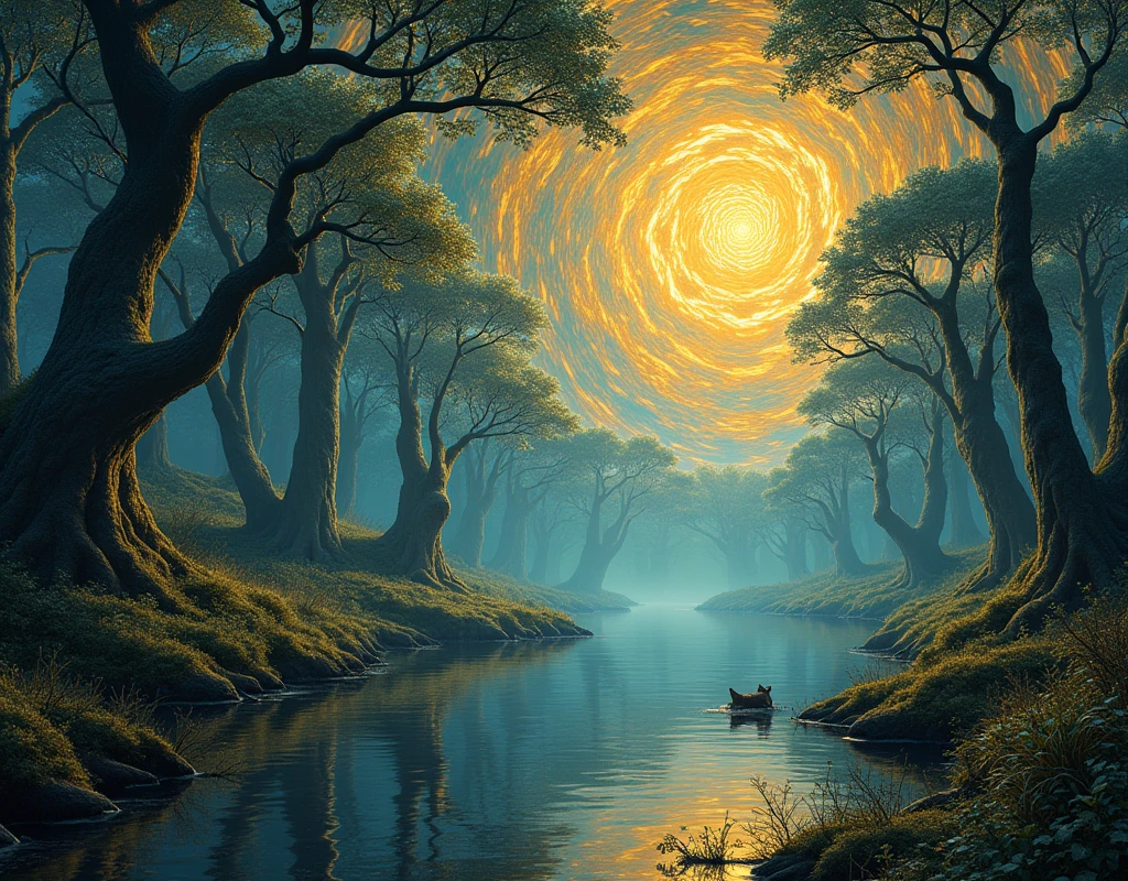 A digital artwork of a fractal forest dreamscape. The forest is made up of trees with fractal patterns. The sky is a swirling vortex of golden fractals, similar to Van Gogh's "Starry Night" but with a digital twist. There is a reflective lake in the foreground that mirrors the fractal patterns. The scene is populated with fantastical creatures that are half-animal, half-geometric shapes. The edges of the image have elements of glitch art. The artwork is hyper-detailed and filled with intricate patterns.