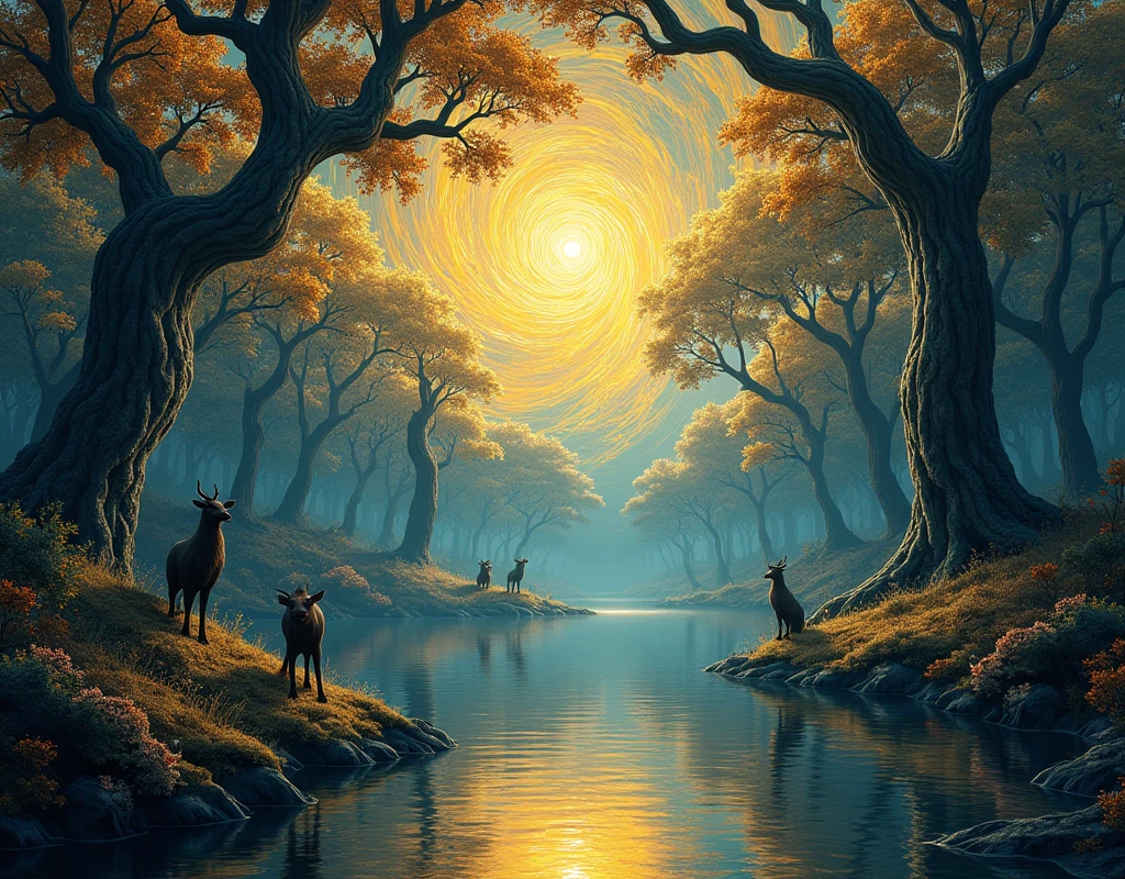 A digital artwork of a fractal forest dreamscape. The forest is made up of trees with fractal patterns. The sky is a swirling vortex of golden fractals, similar to Van Gogh's "Starry Night" but with a digital twist. There is a reflective lake in the foreground that mirrors the fractal patterns. The scene is populated with fantastical creatures that are half-animal, half-geometric shapes. The edges of the image have elements of glitch art. The artwork is hyper-detailed and filled with intricate patterns.