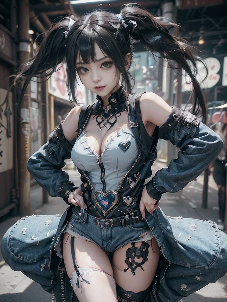 (Full Body View:1.2)、(Side view:1.1)、(Smiling with teeth showing:1.3),(Shibuya Gal:1.5)、(Race Queen:1.4)、(Goth Fashion:1.5)、(Punk RockVisual Kei:1.3)、(Futuristic baby doll in black, white and denim:1.5)、(A delicate jacket in denim, beige and navy:1.5)、(Denim garter belt:1.5)、(Denim and black and white bodysuit:1.4)、(Heart-shaped silver accessories:1.5)、(Brown Skin Belt:1.4)、(Blue High Heels:1.4)、(Lace patterned underwear:1.4)、20-year-old、NSFW,((Highest quality、In 8K、masterpiece:1.3))、Sharp focus:1.2、(Layered Cut、Beautiful boobs:1.1),Beautiful woman with perfect figure:1.4、(Doing an aerobics pose:1.3)、Slender Abs:1.2、Butt、Highly detailed face and skin texture、Detailed eyes、double eyelid,(Twin tails:1.3)、(Black brown hair:1.3)、Obscene、Gravure idol、(Luxurious amusement park at night:1.3)、(Make your legs thinner:1.4)、(Thin thighs:1.4)、(Slim Body:1.3)、(clavicle:1.1)
