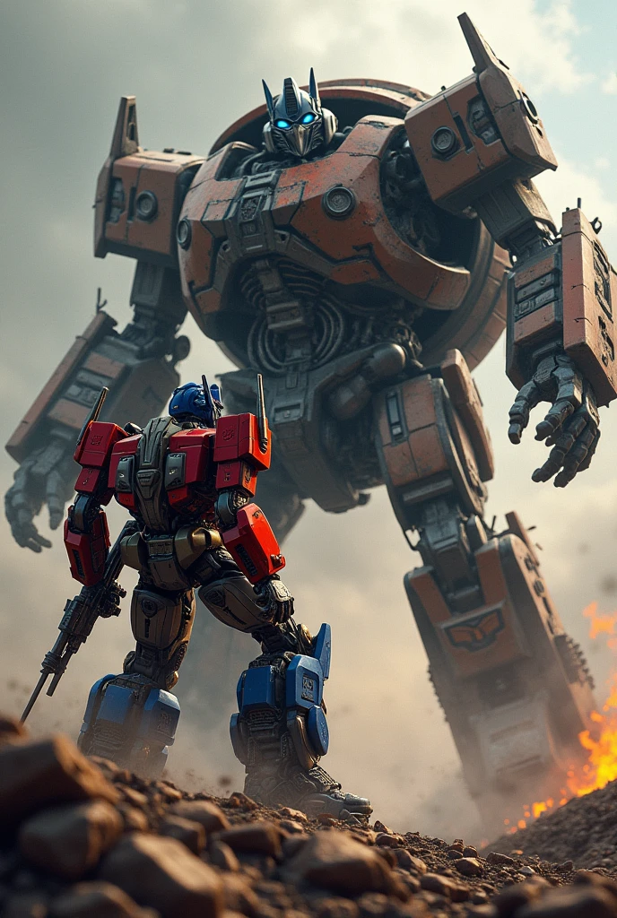 a highly detailed digital painting of Optimus Prime from Transformers, wearing his iconic armor and wielding his powerful gun, battling a towering turtle-like giant mech with intricate mechanical details, the turtle mech is badly damaged and bleeding profusely, intense action scene with dynamic lighting and cinematic camera angle, hyperrealistic, 8k, photorealistic, cinematic lighting, dramatic shadows, vibrant colors, intricate mechanical details, depth of field, hyper detailed, award winning digital art