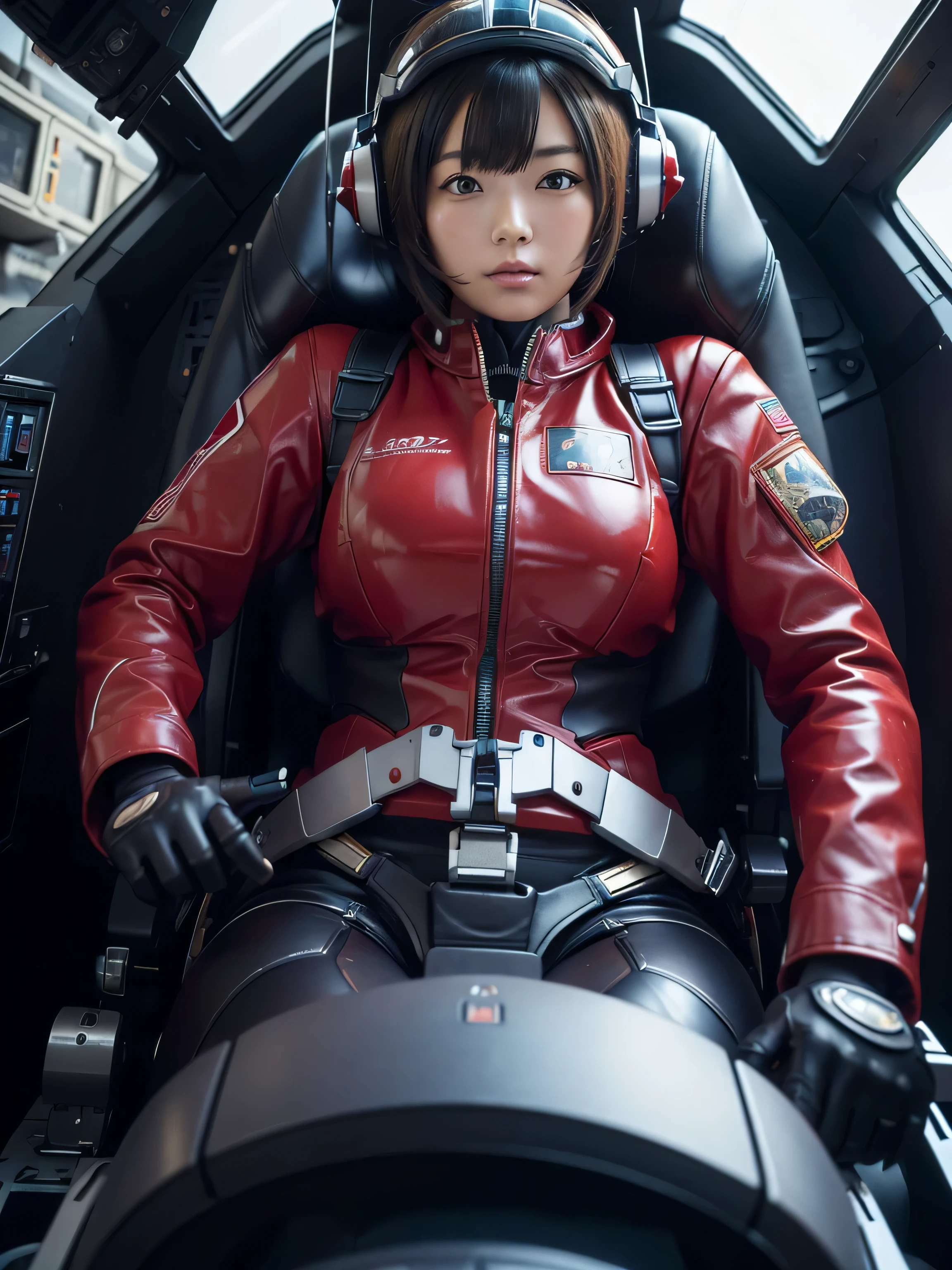 masterpiece, Highest quality, Very detailed, Japanese Android girl, Beautiful 2 Japanese woman, Plump,Big Breasts,Control panel,Android,cyborg,Blunt bangs,Sitting in the cockpit and piloting,The control stick is in the center of the seat.,Red pilot suit,Secured to the seat with a harness,Full-face helmet,