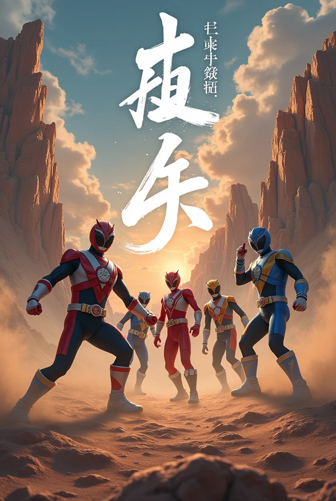 an aesthetically written title "matsu" with the correct spelling on the front, a scene, very high quality photos, a super sentai fighting monsters in the middle of a rocky desert, realistic visual effects, cool and complex, looks real and perfect, UHD 64K, very sweet, dramatic