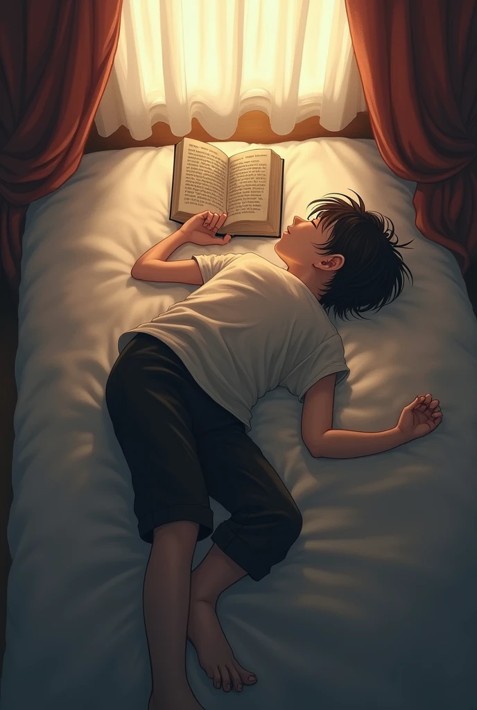 view from above, character lying in bed reading a book with his stomach down and his back up, face appearing