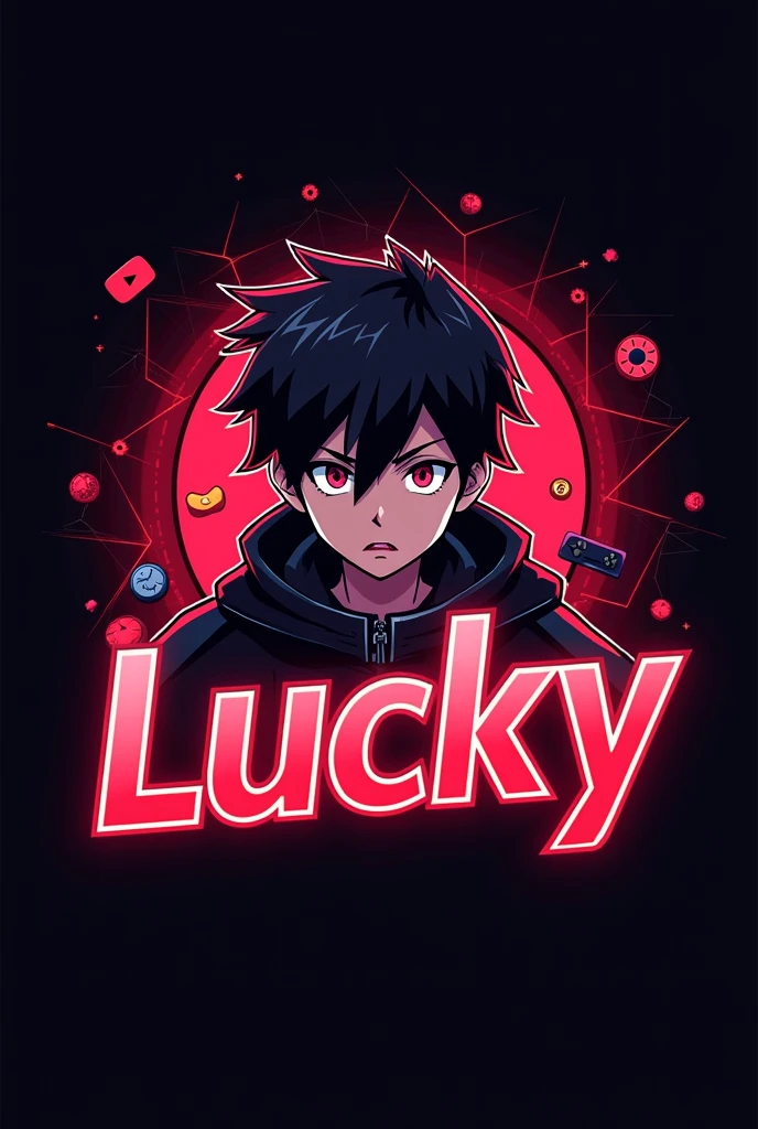 This is a gaming logo that features the name " LUCKY " in a futuristic font and a neon Red color. and Boy Anime avtar, The logo also has a stylized controller icon and a YouTube play button in the background. The logo is designed to be attractive and eye-catching, and to appeal to gaming enthusiasts and YouTube viewers. I hope you like it.