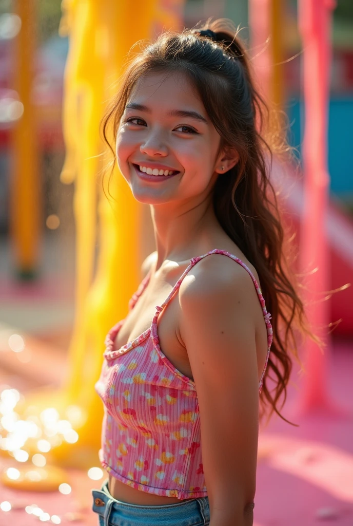Full body photoshoot of a (((beautiful woman))) with a (distinctive, youthful face) and (perfectly aligned, white teeth), dressed in a playful, ((colorful summer outfit)) for children's play areas. The scene is filled with (soft, colorful light) that complements her features, casting a (delicate shadow around her body) against a backdrop of (a massive slime spill, spread around her and the play area) that gives off an air of (extreme detail and HD clarity). The moment captures her playfulness and happiness, embodying the innocence and joy of childhood. ((Full body view)), looking straight into the camera, ((natural light)) with (artificial light) spill to accentuate her features.