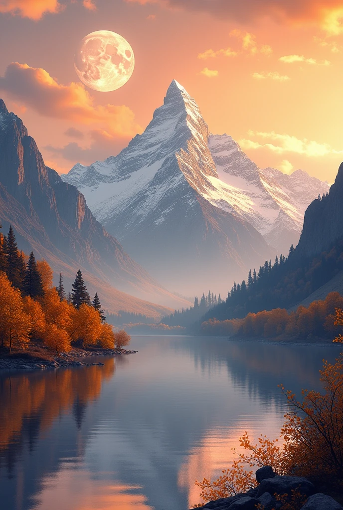a full moon rising over a mountain next to a lake, a matte painting, by irakli nadar, golden autumn, orange grey white, with snow on its peak, award - winning photo. ”, breath - taking beautiful trees, mobile wallpaper, norway mountains, ❤🔥🍄🌪, new zealand, very very very beautiful scenery, white and orange --ar 9:16