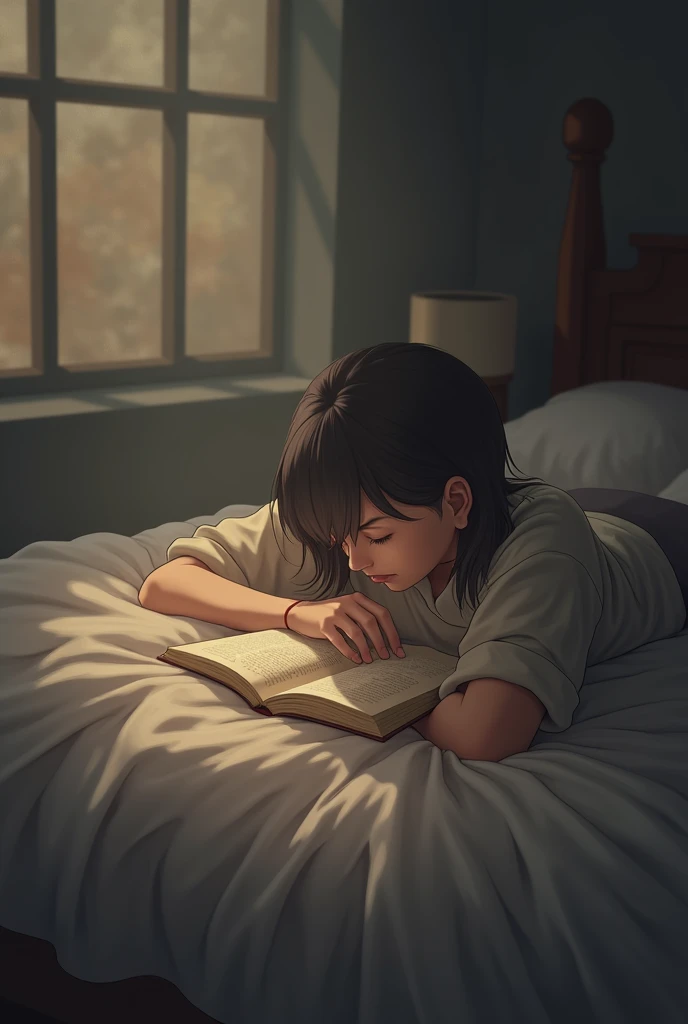 view from above, character lying in bed reading a book with his stomach down and his back up, face appearing
