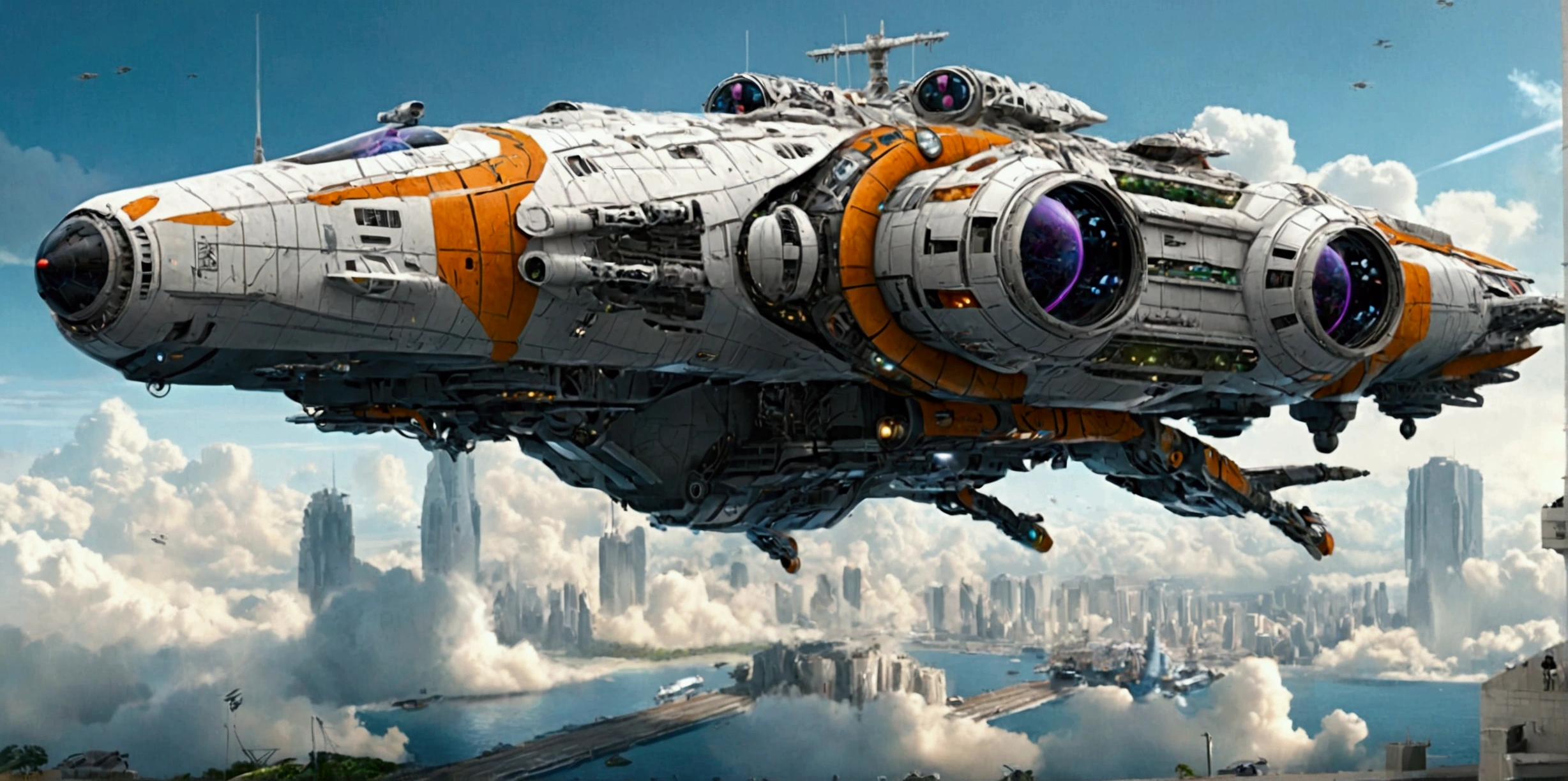 (best quality,ultra-detailed,realistic:1.37), A long wide giant heavily armored divine futuristic flying biomechanical space battleship covered in rainbow batik pattern and glowing javanese runic symbols, (multiple retractable cybernetic spider legs with wheels on the tips), divine halo, flying hovercraft, flying submarine, flying aircraft carrier, flying hotel, flying resort, flying city, flying skyscraper, flying cruise ship, flying yacht, flying castle, flying military base, multiple thrusters, multiple helipad, multiple propeller, mobile headquarters, mobile command center, automatic turrets, missile banks, missile defense system, multi-port rear engine arrays, large pivoted missile pods, anti-air batteries, reactive armour over vital spaces, VTOL thrusters, ventral ground-facing VTOL thruster bays, retractable center cannon, super carrier, sky carrier, space station, floating city, floating castle, white background